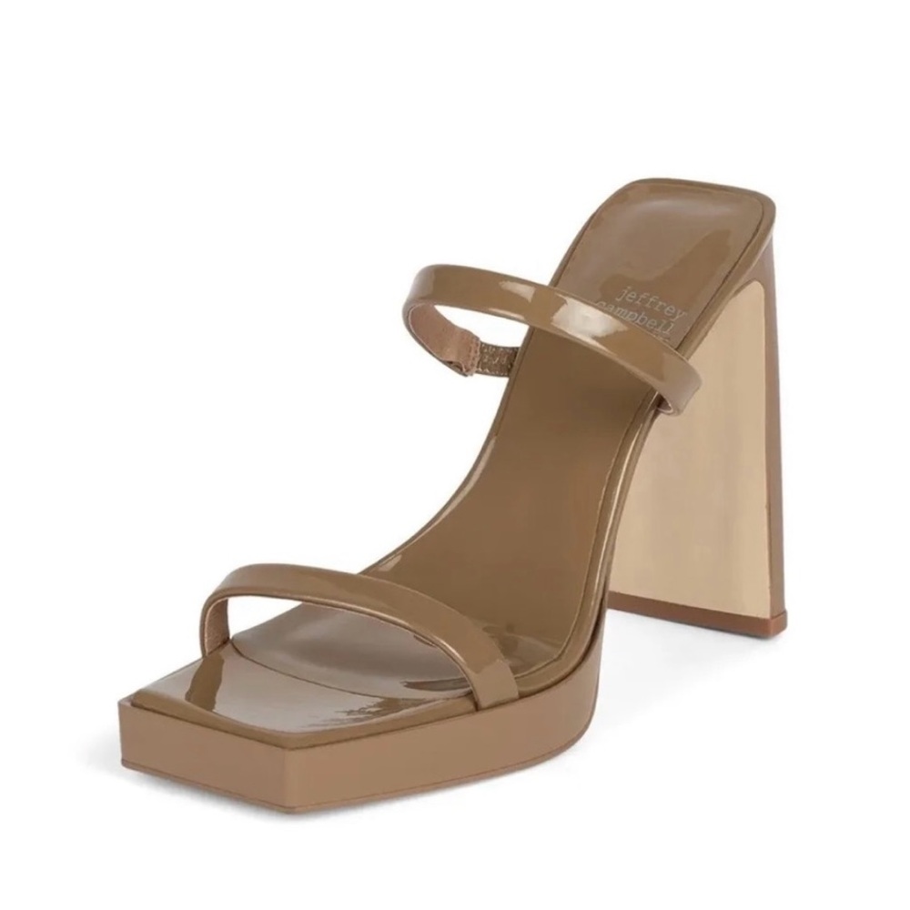 Jeffrey Campbell Patent Two-Strap Square Toe Mule in taupe color
